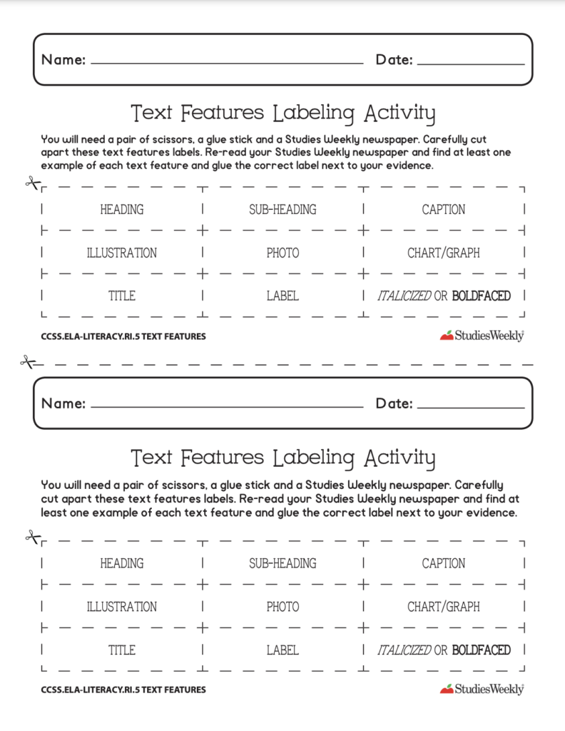 Text Features Labeling Activity Printable Resource